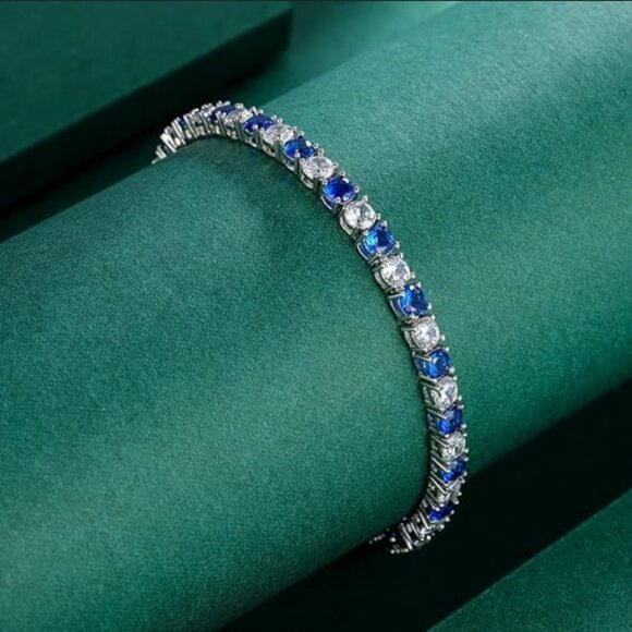 Mens 14K White Gold 2ct Blue Sapphire Gemstone Diamond Tennis Bracelet 7